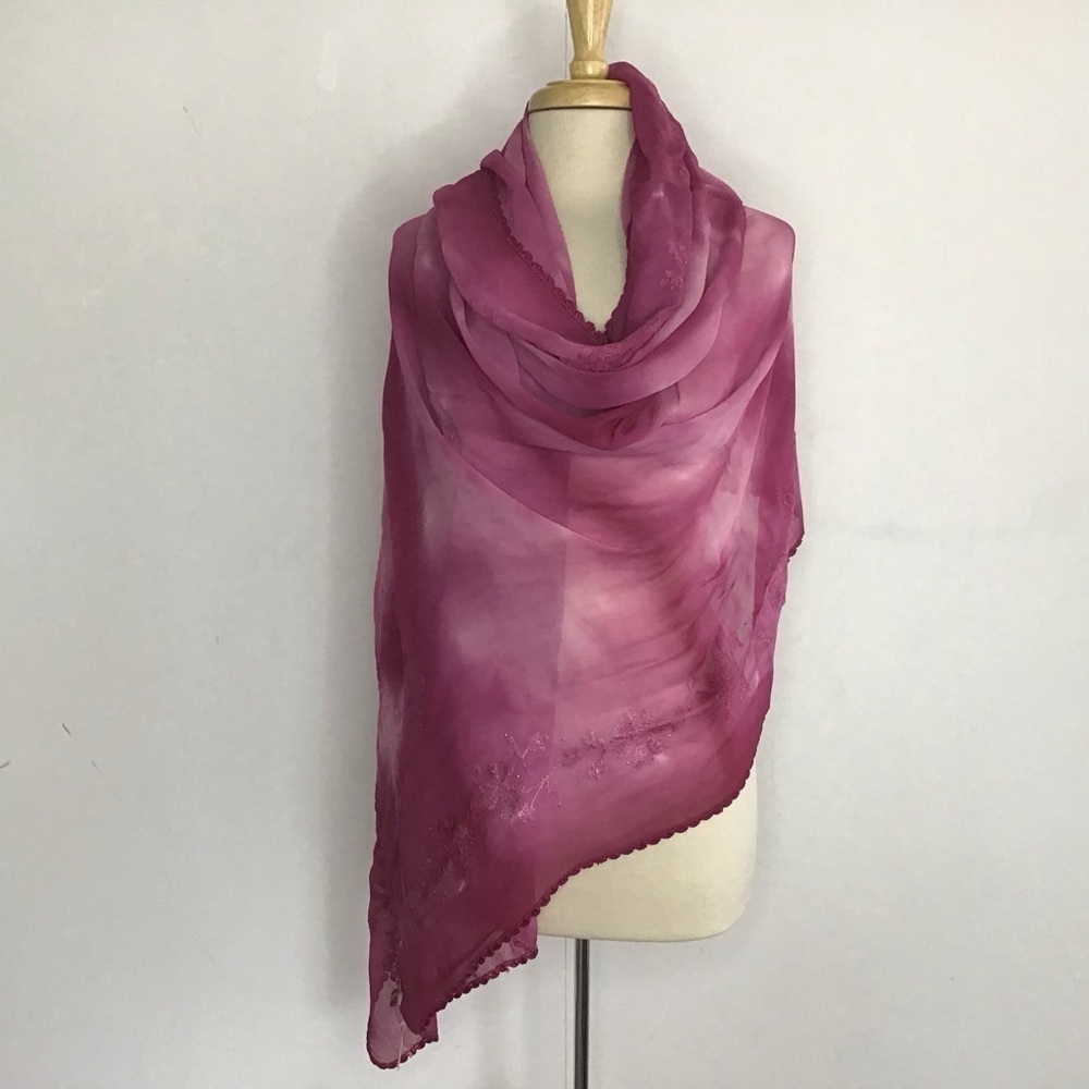 Embroidered embellished space dyed pink viscose shawl sold at Neiman Marcus NWT